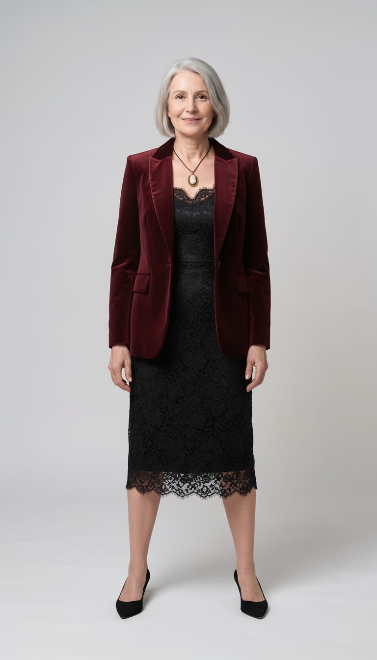 A woman wearing a black floral lace fitted midi dress, deep burgundy velvet single-breasted blazer, black suede pointed-toe pumps and antique gold cameo pendant necklace — a Halloween outfit.