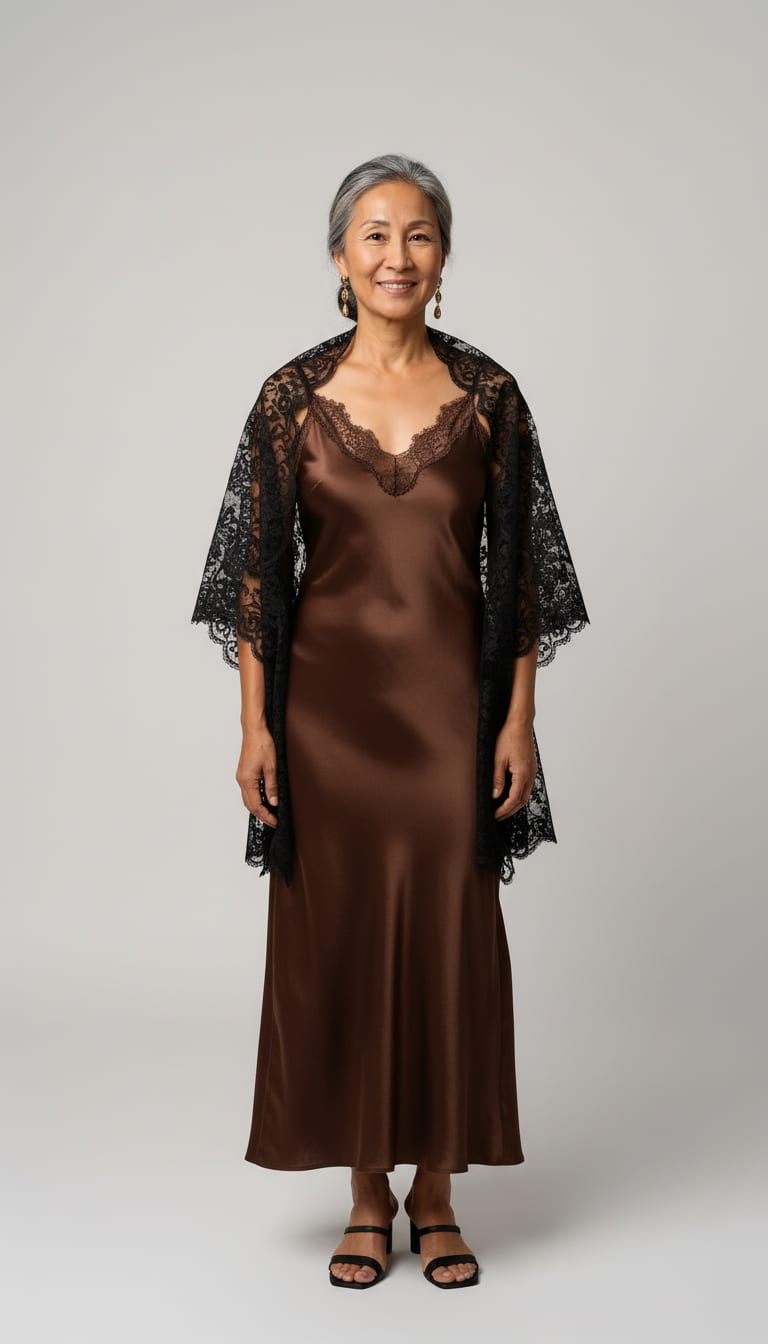 A woman wearing a chocolate brown satin bias-cut maxi slip dress, large black floral lace shawl, black strappy heeled sandals and antique gold drop earrings — a Halloween outfit.