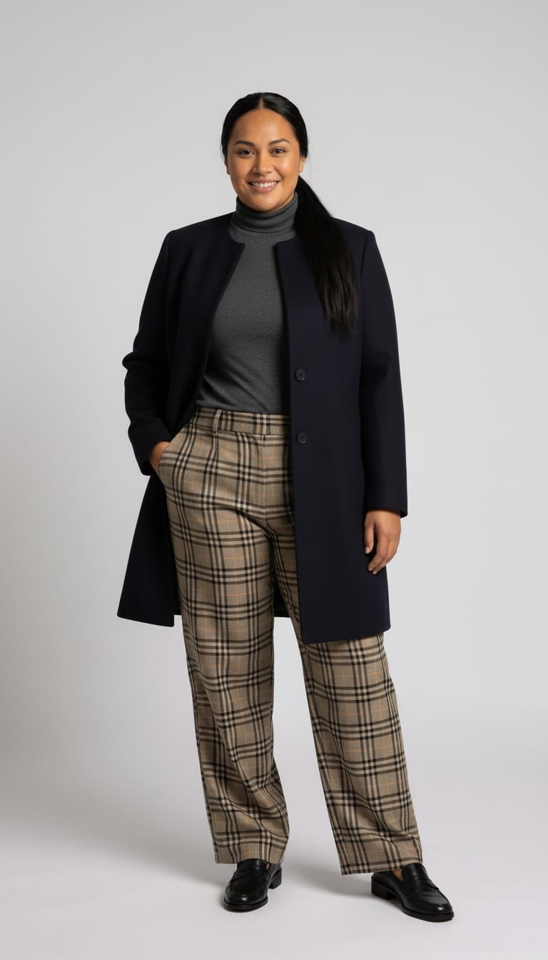 A model wearing a heritage plaid outfit.