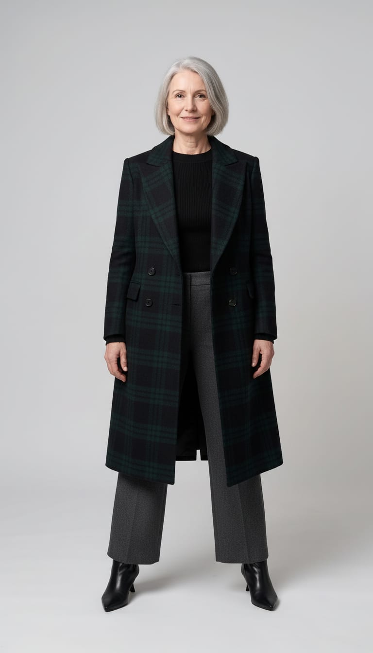 A woman wearing an ankle-length double-breasted coat crafted in structured Black Watch tartan wool blend, fitted fine-gauge black merino knit top, charcoal grey wool-blend trousers and sleek black leather ankle boots — a heritage plaid outfit.