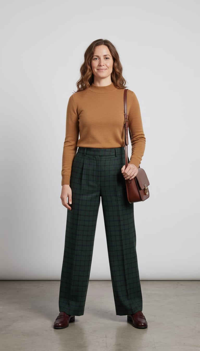 A woman wearing a fitted camel fine-gauge merino wool knit mock-neck top, high-waisted, deep burgundy polished leather penny loafers and structured rich dark brown smooth leather shoulder bag — a heritage plaid outfit.