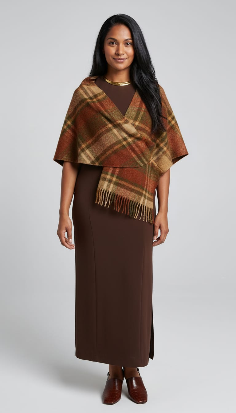 A woman wearing a floor-length sleeveless column dress in chocolate brown double-crepe, substantial rectangular wool stole in an earthy rust, rigid sculptural torque collar necklace in hand-hammered yellow gold plate and square-toe slingback heels in chocolate brown croc-embossed leather — a heritage plaid outfit.