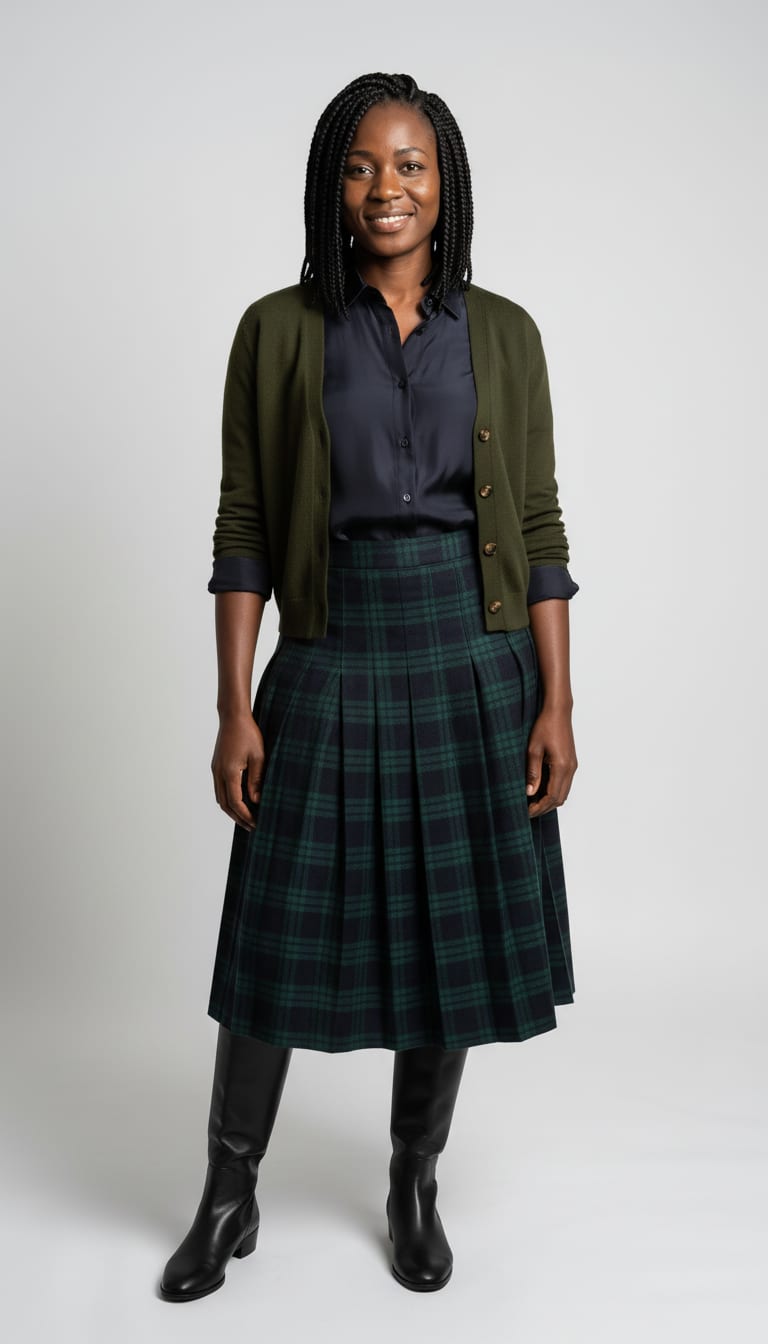 A woman wearing a pleated midi skirt in heavy navy and forest green heritage wool check, relaxed-fit dark navy silk-blend collared button-down shirt, dark olive green fine merino wool crewneck cardigan and polished black calfskin knee-high riding boots — a heritage plaid outfit.