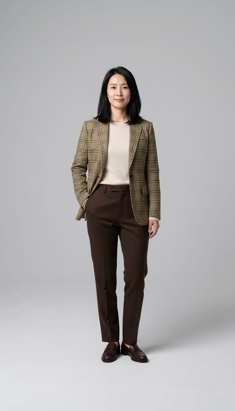 A woman wearing a single-breasted tailored blazer in a camel and moss-green glen plaid wool blend, fitted fine-gauge crewneck sweater in cream merino wool, high-waisted straight-leg trousers in deep chocolate brown suiting fabric and classic penny loafers in dark brown polished box leather — a heritage plaid outfit.