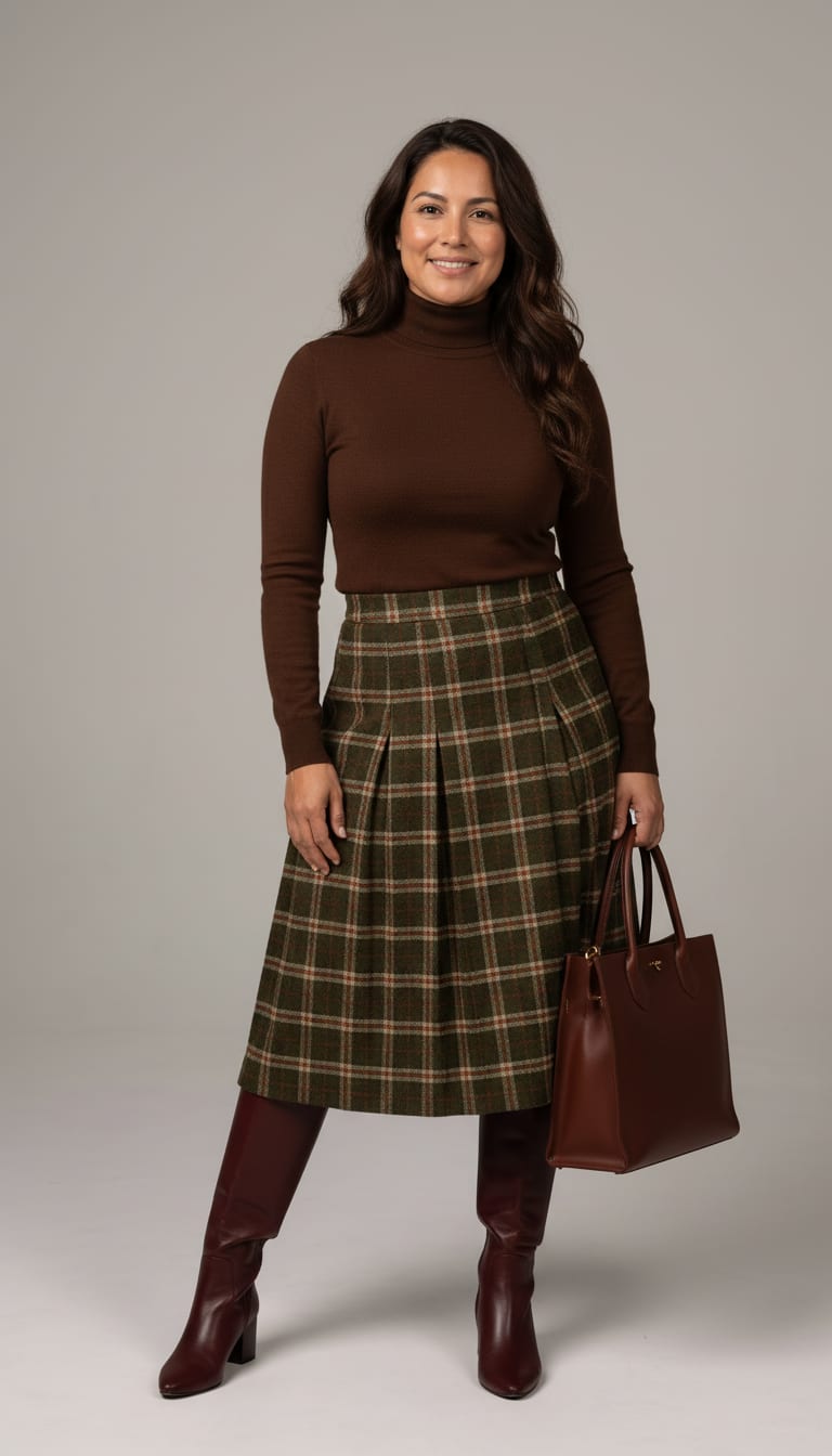 A woman wearing a fitted fine-gauge merino wool turtleneck sweater in rich chocolate brown, high-waisted knife-pleated midi skirt in an authentic wool-blend glen plaid combining moss green, polished calfskin knee-high boots in deep oxblood and clean-lined structured work tote in smooth chocolate brown leather — a heritage plaid outfit.