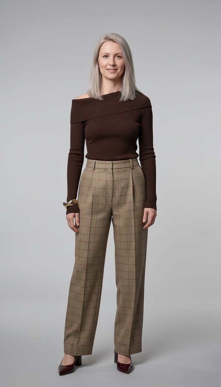 A woman wearing a deep chocolate brown fine-gauge ribbed knit top, high-waisted wide-leg tailored trousers in a camel wool-touch weave, deep burgundy patent leather slingback pumps and substantial sculptural open cuff bracelet in polished brass — a heritage plaid outfit.