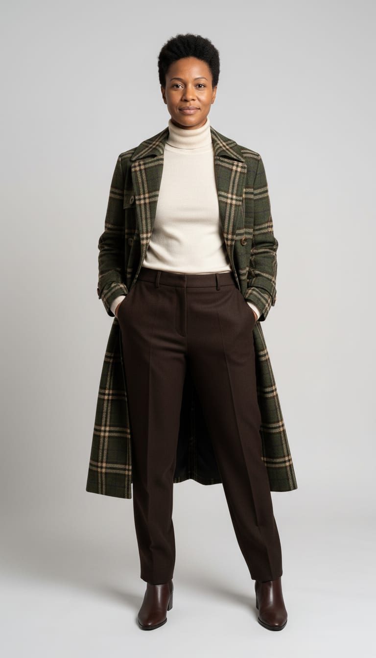 A woman wearing a double-breasted long trench coat in a moss green, fitted fine-gauge merino wool turtleneck sweater in warm cream, mid-rise straight-leg tailored trousers in dark espresso brown wool twill and pointed-toe leather ankle boots in dark chocolate brown — a heritage plaid outfit.