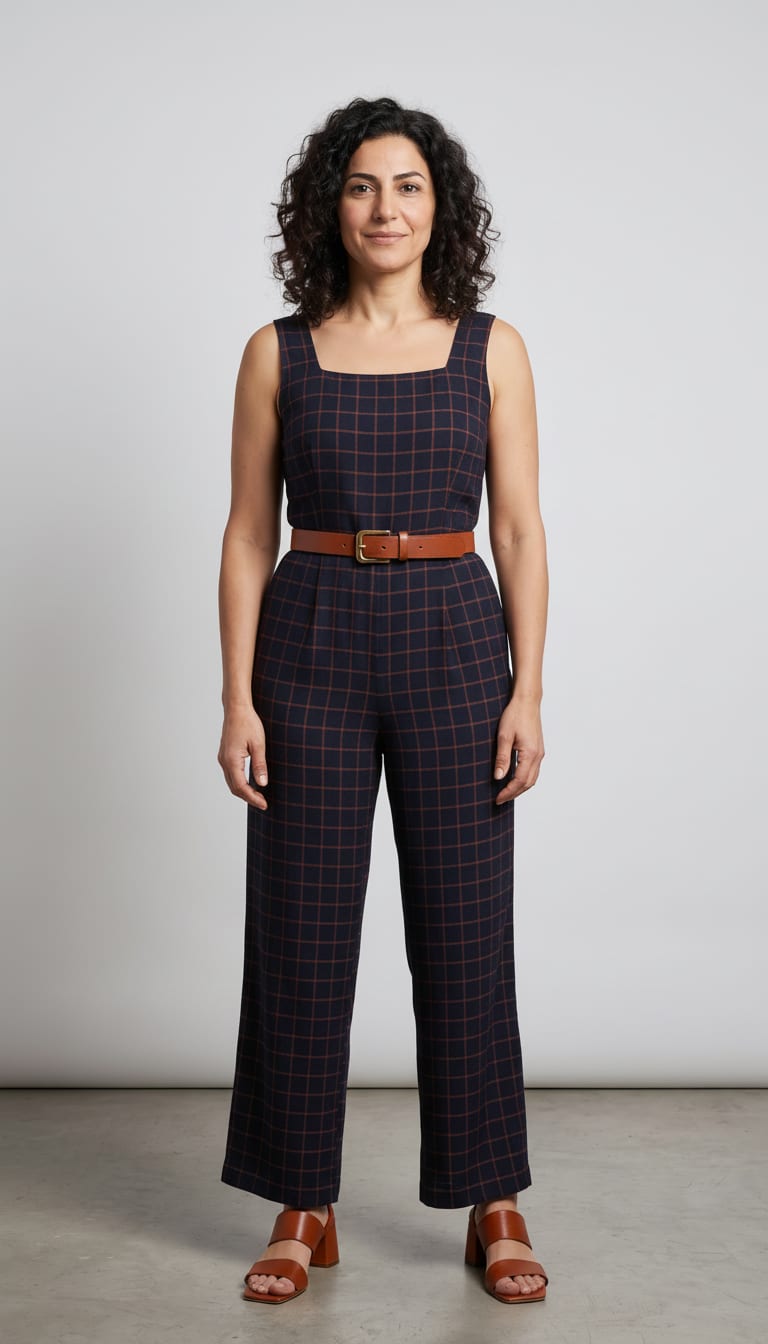 A woman wearing a tailored sleeveless wide-leg jumpsuit in fluid navy crepe, minimalist open-toe sandals in burnished cognac smooth leather and smooth vegetable-tanned leather belt in warm cognac — a heritage plaid outfit.