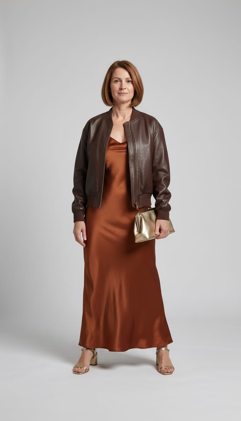 A model wearing a leather bomber outfit.
