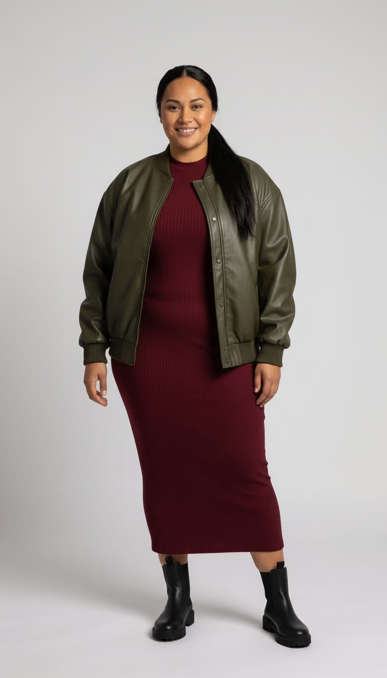 A woman wearing a deep olive green faux leather bomber jacket, rich burgundy stretch ribbed-knit column midi dress and matte black pull-on leather chelsea boots — a leather bomber outfit.