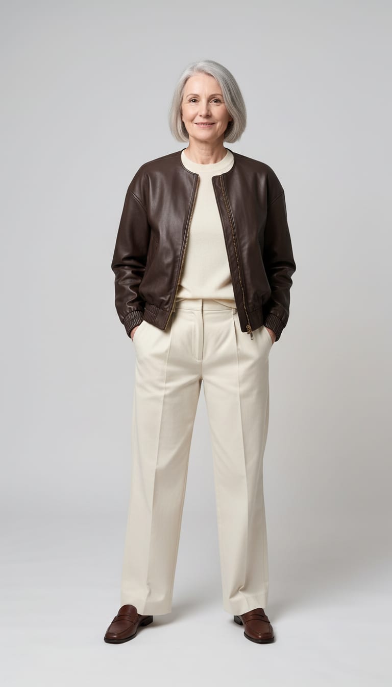 A woman wearing a dark espresso brown faux leather bomber jacket, buttercream fine-gauge lightweight crewneck sweater in a soft merino wool blend, high-waisted wide-leg trousers in a flowing cream twill and rich dark brown leather loafers — a leather bomber outfit.