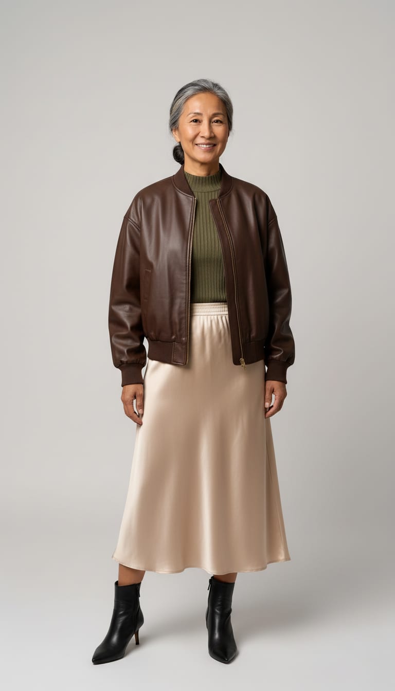 A woman wearing a boxy faux-leather bomber jacket in rich espresso brown, fitted long-sleeve mockneck knit top in muted olive green, bias-cut midi skirt in champagne-toned satin charmeuse and sleek pointed-toe ankle boots in smooth black leather — a leather bomber outfit.