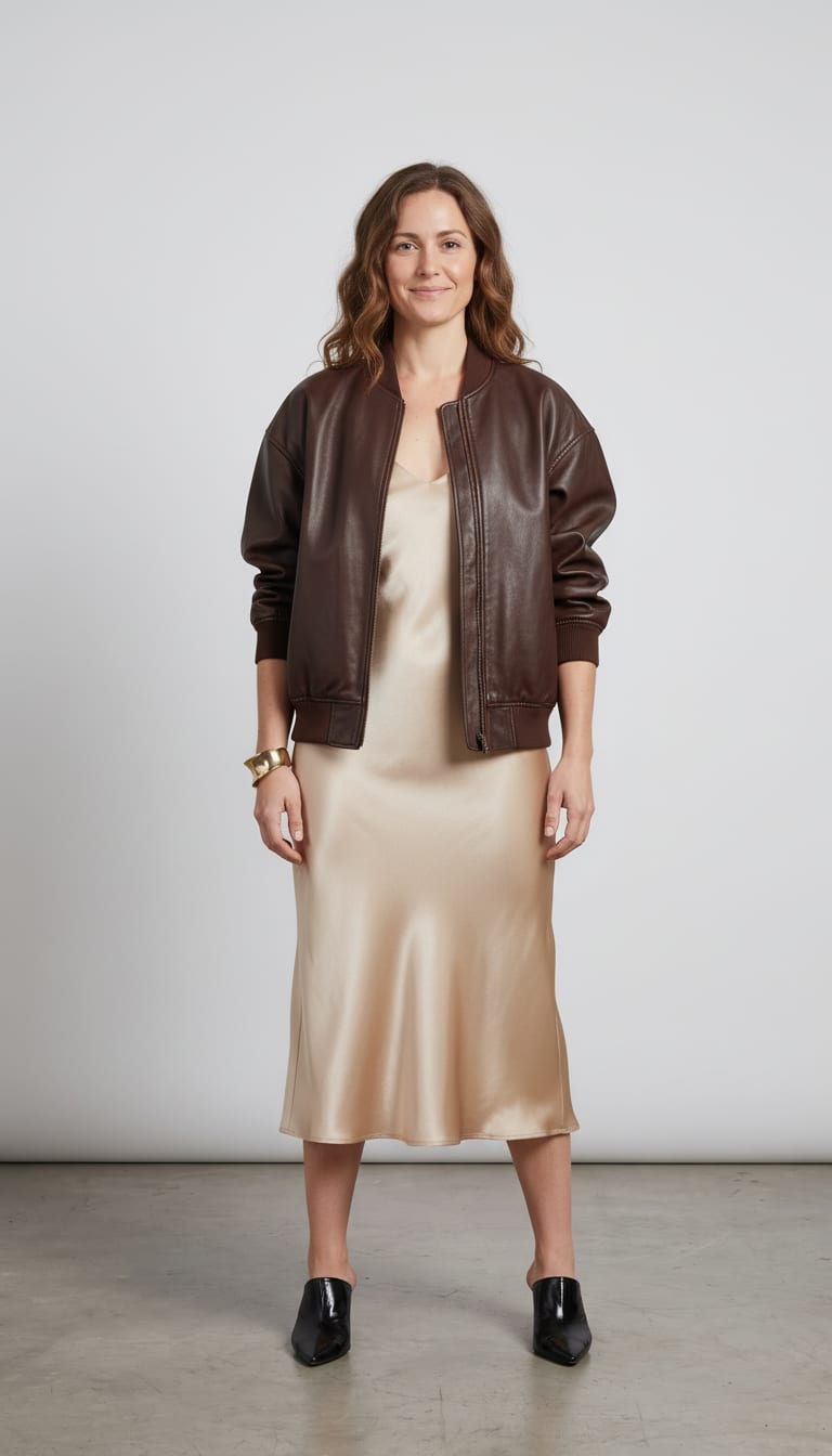 A woman wearing an oversized espresso brown faux leather bomber jacket, bias-cut champagne satin midi slip dress, black patent leather pointed-toe mules and chunky sculptural brass open-cuff bracelet — a leather bomber outfit.