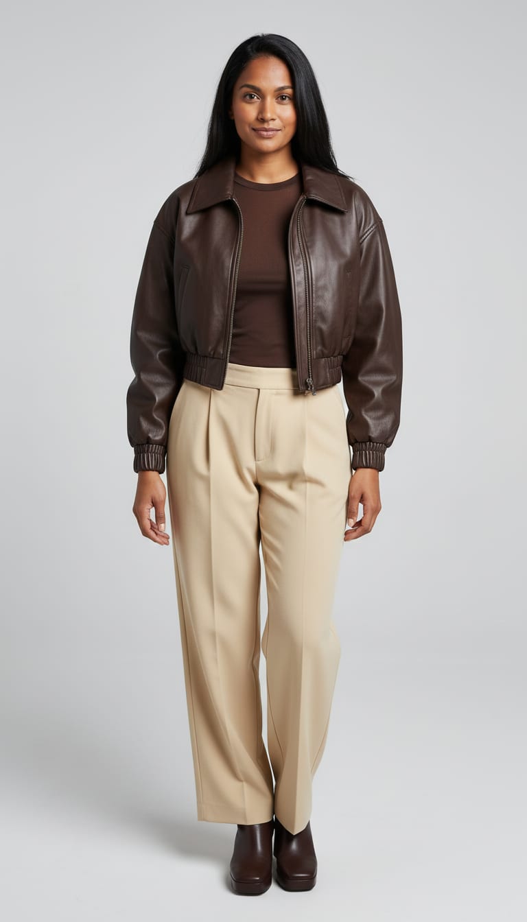 A woman wearing a cropped dark chocolate brown faux leather bomber jacket, semi-sheer fine-gauge mesh long-sleeve crewneck top in deep mocha brown, high-rise tailored trousers and square-toe platform ankle boots in dark espresso smooth leather — a leather bomber outfit.