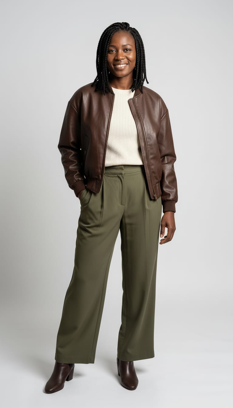 A woman wearing a boxy dark brown faux leather bomber jacket, warm cream lightweight ribbed knit sweater, olive green fluid crepe trousers and dark brown leather pointed-toe ankle boots — a leather bomber outfit.