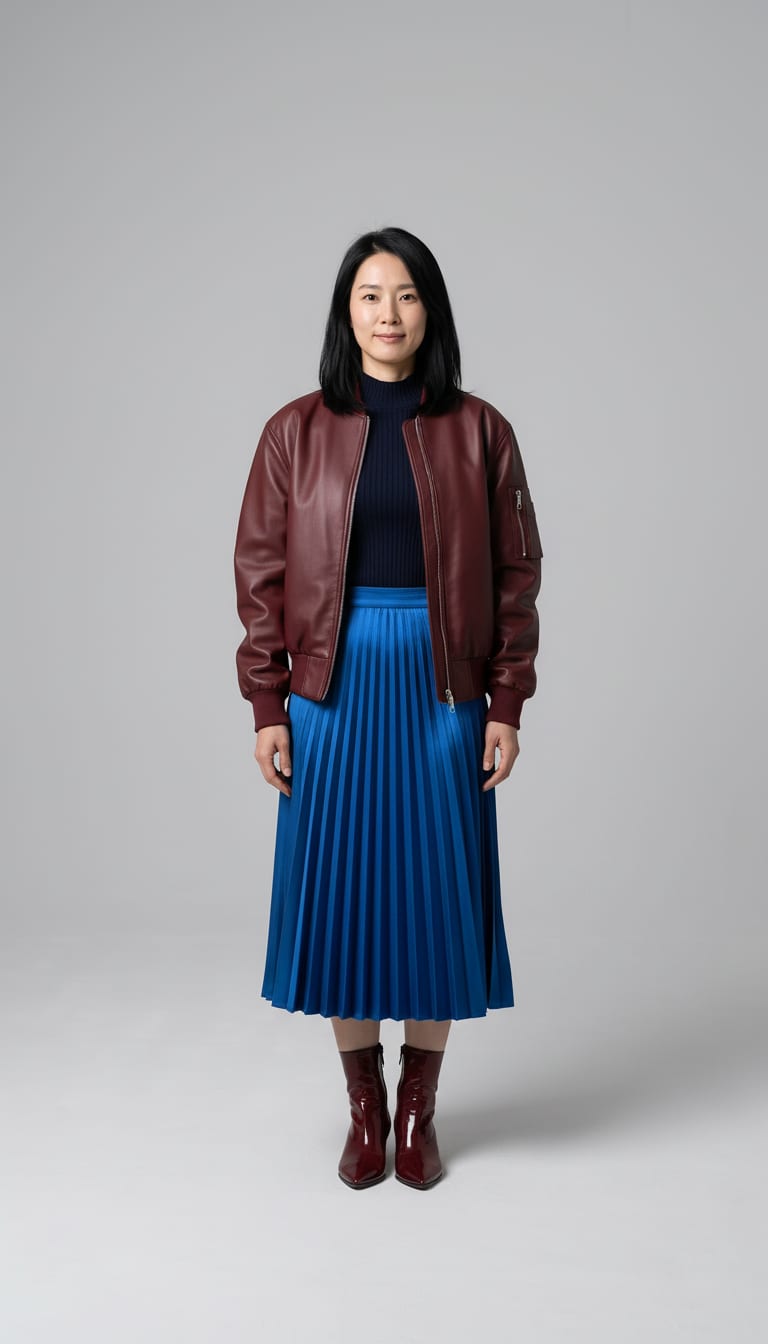 A woman wearing a rich burgundy faux leather bomber jacket, fitted fine-gauge ribbed mock neck top in dark navy blue, electric cobalt blue pleated satin midi skirt and burgundy patent leather pointed-toe ankle boots — a leather bomber outfit.