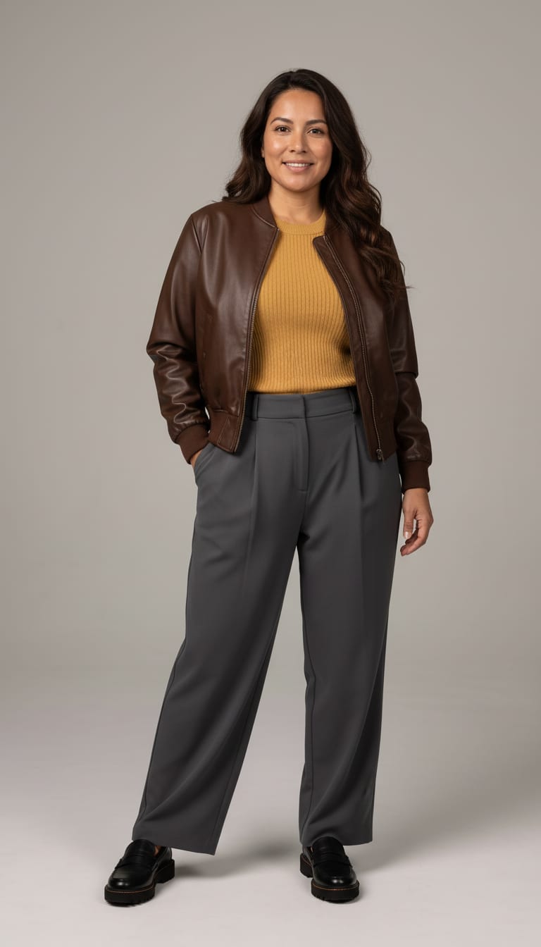 A woman wearing an espresso brown faux leather bomber jacket, butter yellow fine-gauge ribbed knit crewneck sweater, charcoal grey fluid pleated trousers cut and black polished leather loafers set on a lightweight lugged platform sole — a leather bomber outfit.
