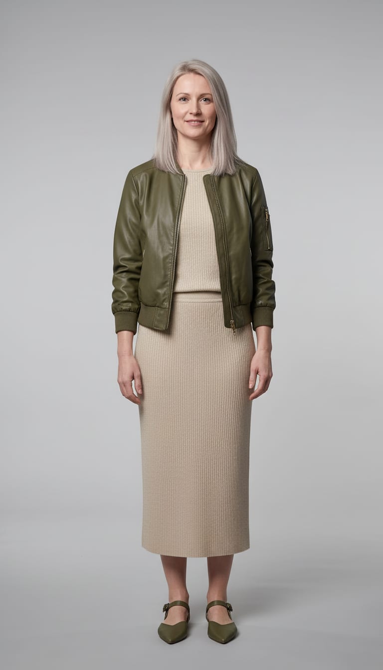 A woman wearing a moss olive green faux leather bomber jacket, oatmeal heather ribbed boatneck knit top crafted from a soft cotton-modal blend, oatmeal melange ribbed knit column midi skirt and olive green smooth leather pointed-toe slingback flats — a leather bomber outfit.