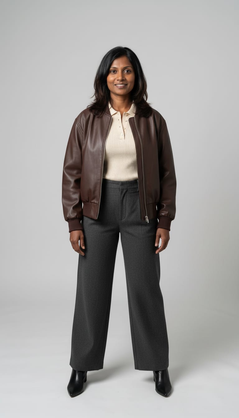 A woman wearing a boxy faux leather bomber jacket in deep espresso brown, fine-gauge ribbed knit polo sweater in ecru, high-waisted wide-leg trousers in charcoal grey melange crepe and smooth black leather ankle boots — a leather bomber outfit.