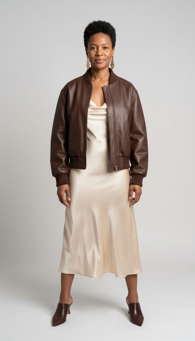 A woman wearing an espresso brown faux leather bomber jacket, champagne cream satin midi dress cut on the bias, dark brown leather pointed-toe kitten heel mules and textured brass statement drop earrings — a leather bomber outfit.