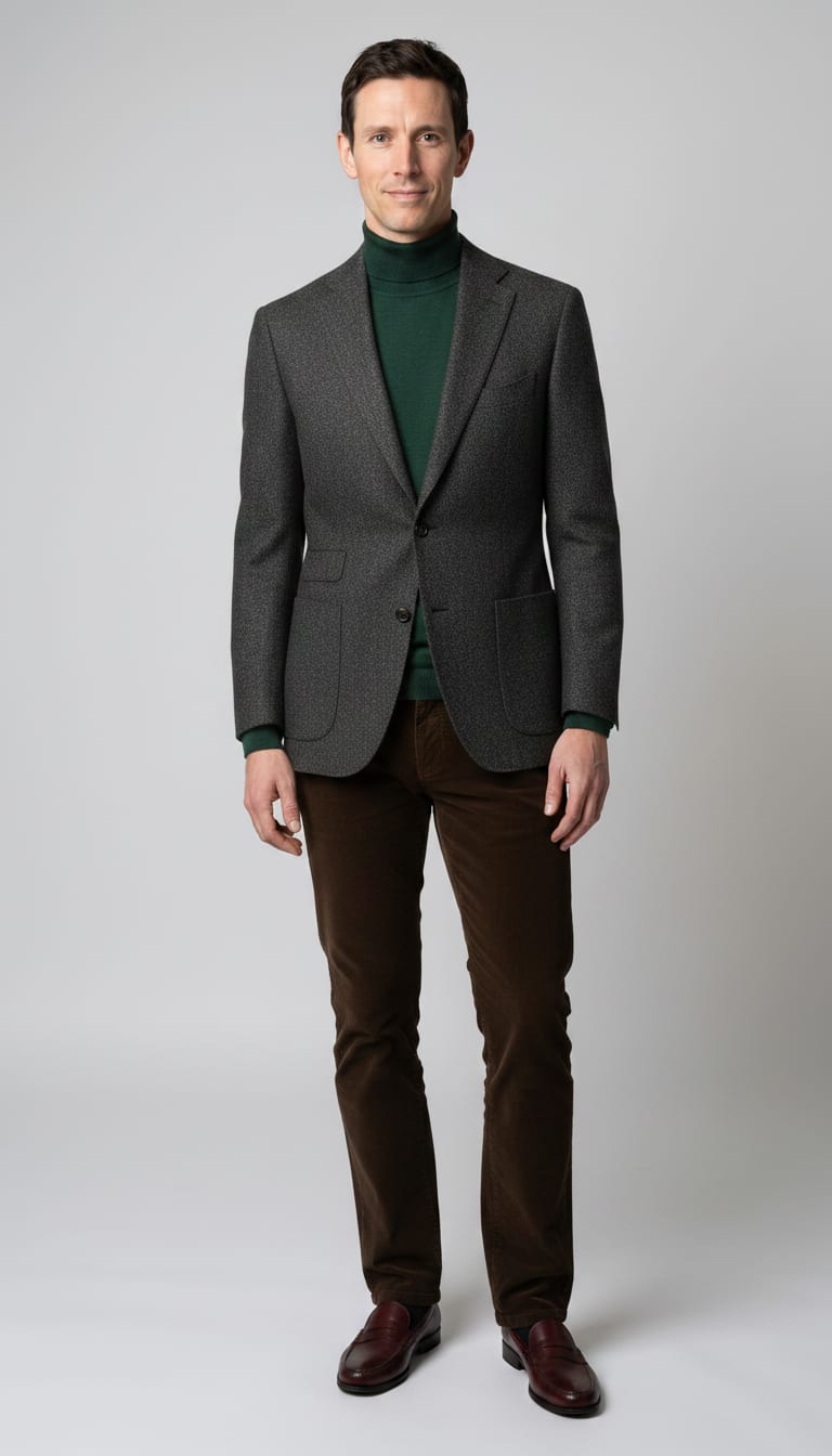 A model wearing a men's dark academia outfit.