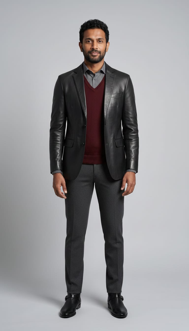 A man wearing a black leather blazer, oxblood fine-gauge merino wool V-neck sweater vest, charcoal grey long-sleeve collared shirt and charcoal grey wool blend tailored trousers — a men's dark academia outfit.