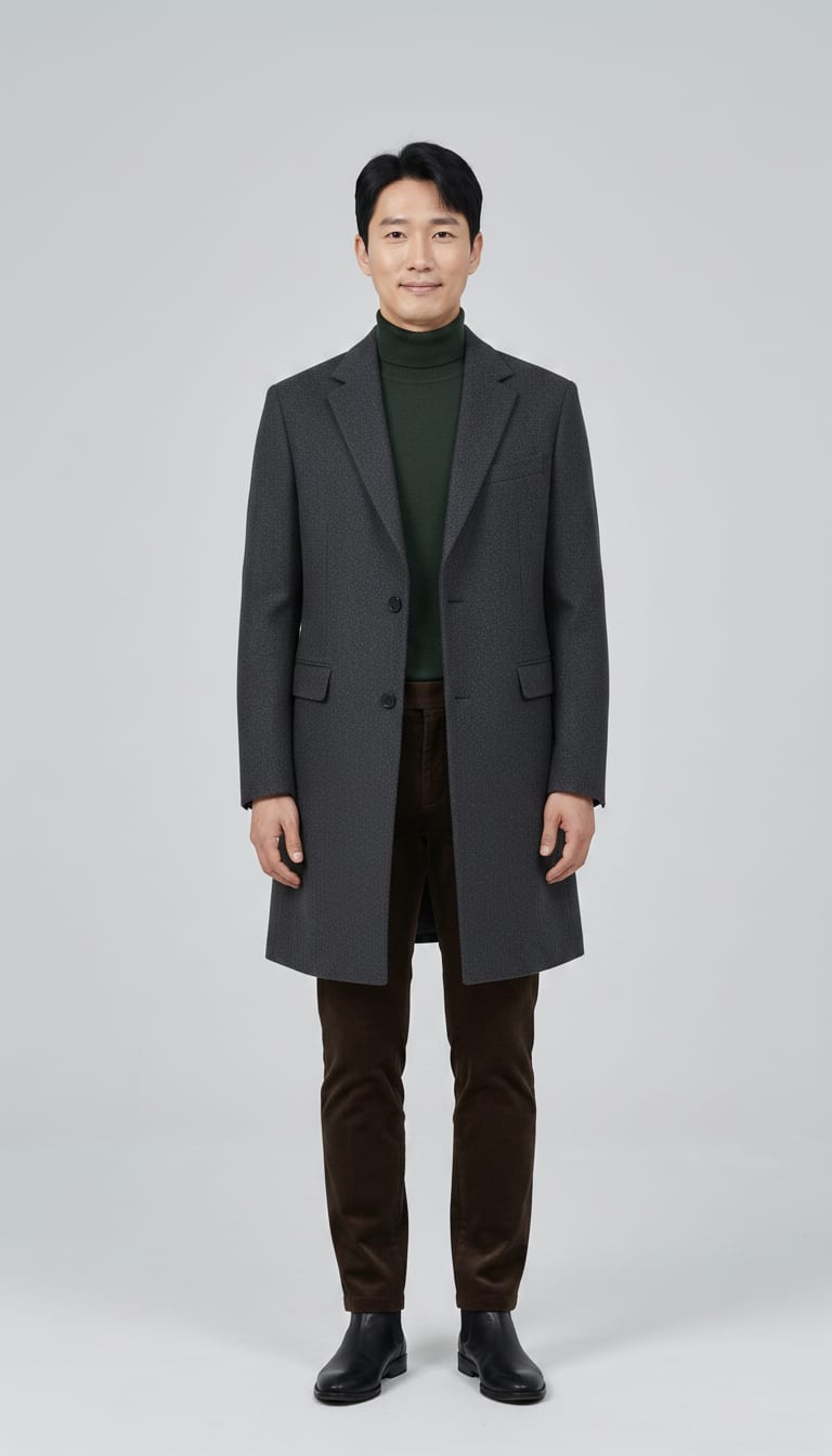 A man wearing a charcoal grey long wool blend overcoat, deep moss green fine knit turtleneck sweater, dark brown fine-wale corduroy trousers and black polished leather Chelsea boots — a men's dark academia outfit.