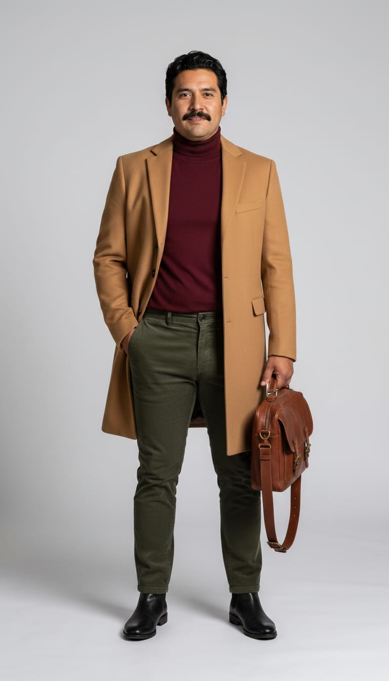 A man wearing a fine knit merino wool turtleneck sweater in a deep oxblood color, slim-fit cotton corduroy trousers in deep olive green, single-breasted longline wool overcoat in a classic camel color and black polished leather Chelsea boots — a men's dark academia outfit.