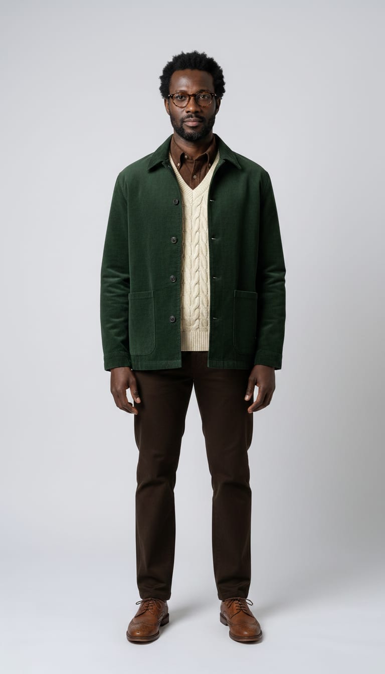 A man wearing a cream heavy gauge cable knit sweater vest, chocolate brown micro-corduroy button-down shirt, forest green heavy corduroy barn jacket and dark brown straight-leg moleskin trousers — a men's dark academia outfit.