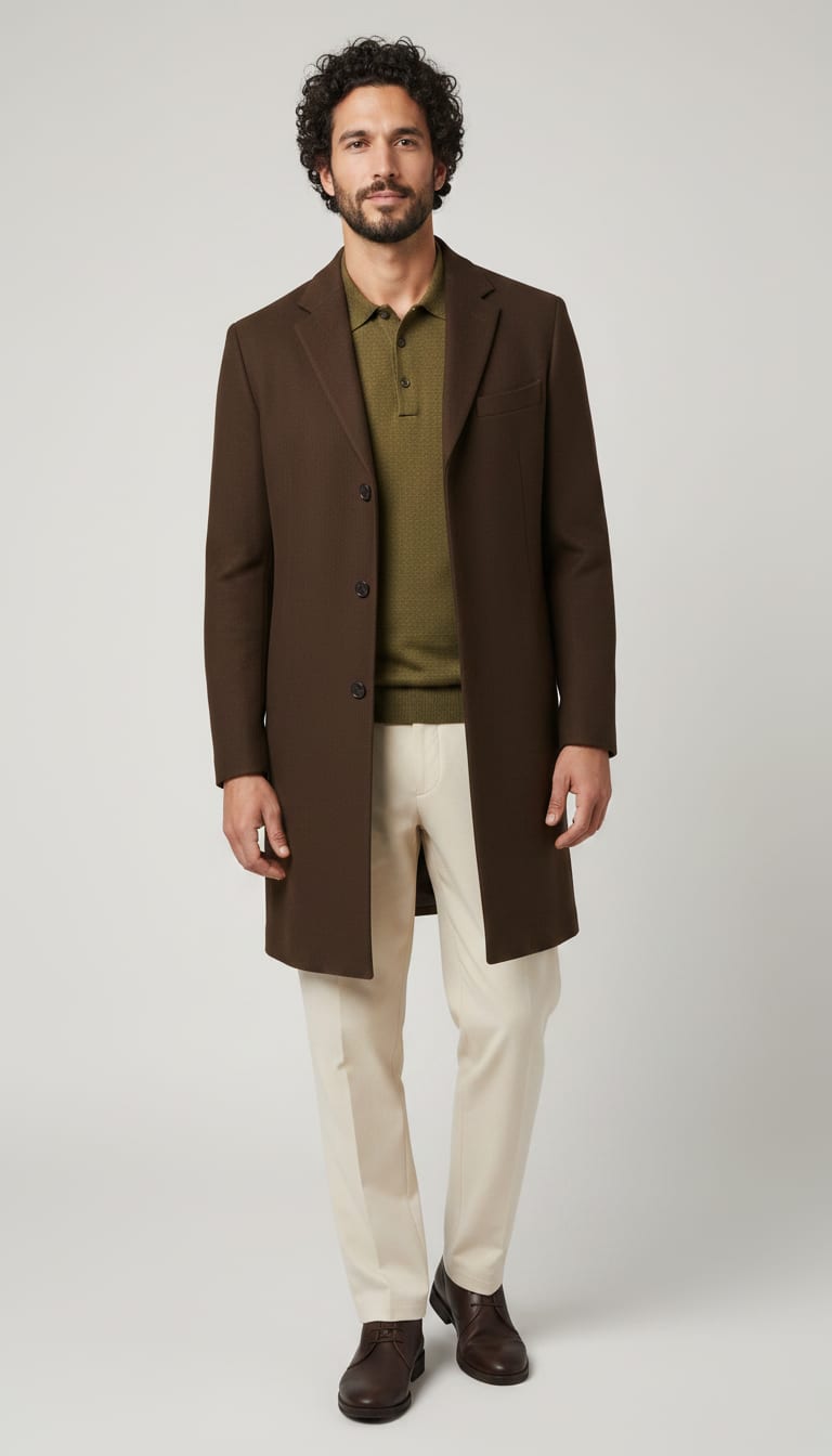 A man wearing a chocolate brown wool blend longline car coat, olive green fine knit merino wool polo shirt, cream wool blend relaxed fit tailored trousers and dark brown leather chukka boots — a men's dark academia outfit.