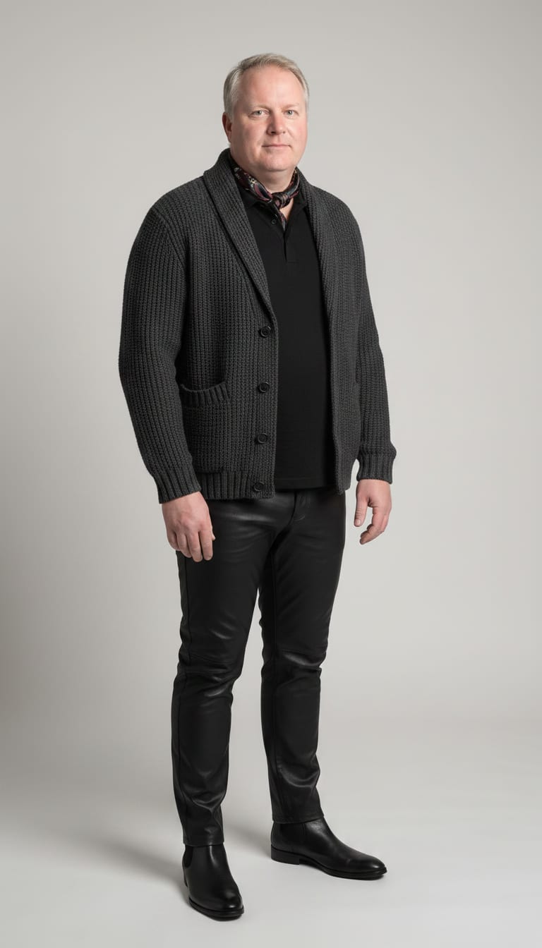 A man wearing a men's heavy charcoal grey wool blend shawl collar cardigan, men's black fine knit merino wool long-sleeve polo shirt, men's black faux leather slim-fit trousers and men's black leather Chelsea boots — a men's dark academia outfit.