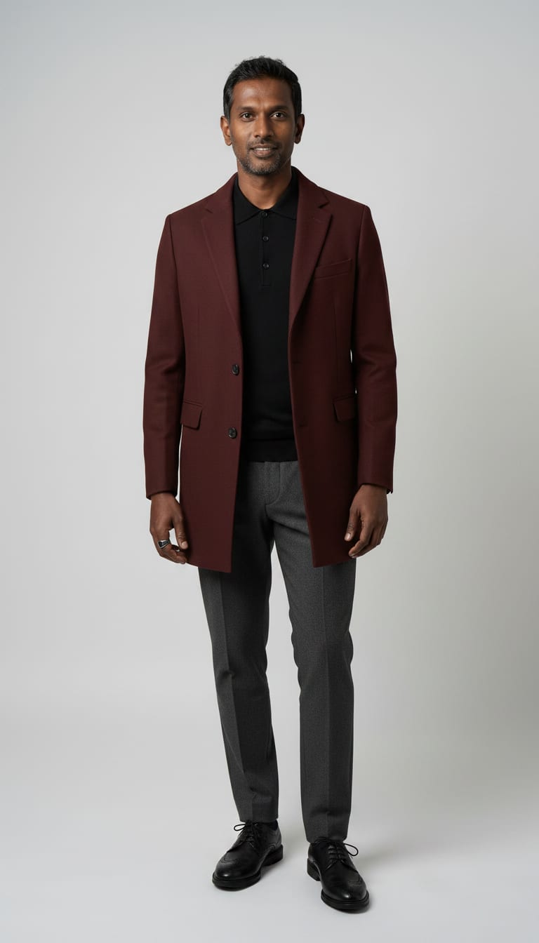 A man wearing a black long-sleeve knit polo shirt in a fine merino wool, oxblood structured wool blend overcoat, charcoal grey wool blend trousers and black polished leather brogues — a men's dark academia outfit.