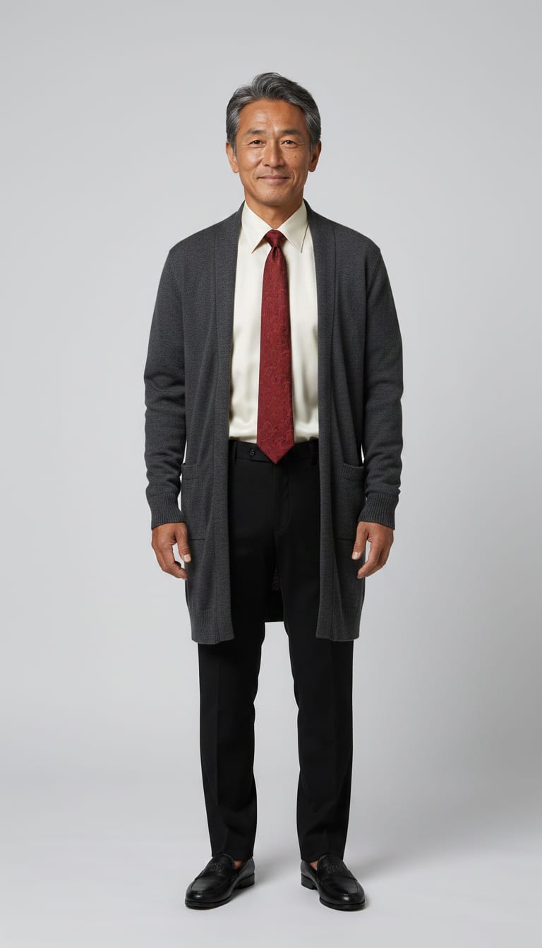 A man wearing a cream silk-blend collared shirt, longline charcoal grey knitted wool blend cardigan, tailored black wool blend trousers and black polished leather slip-on loafers — a men's dark academia outfit.