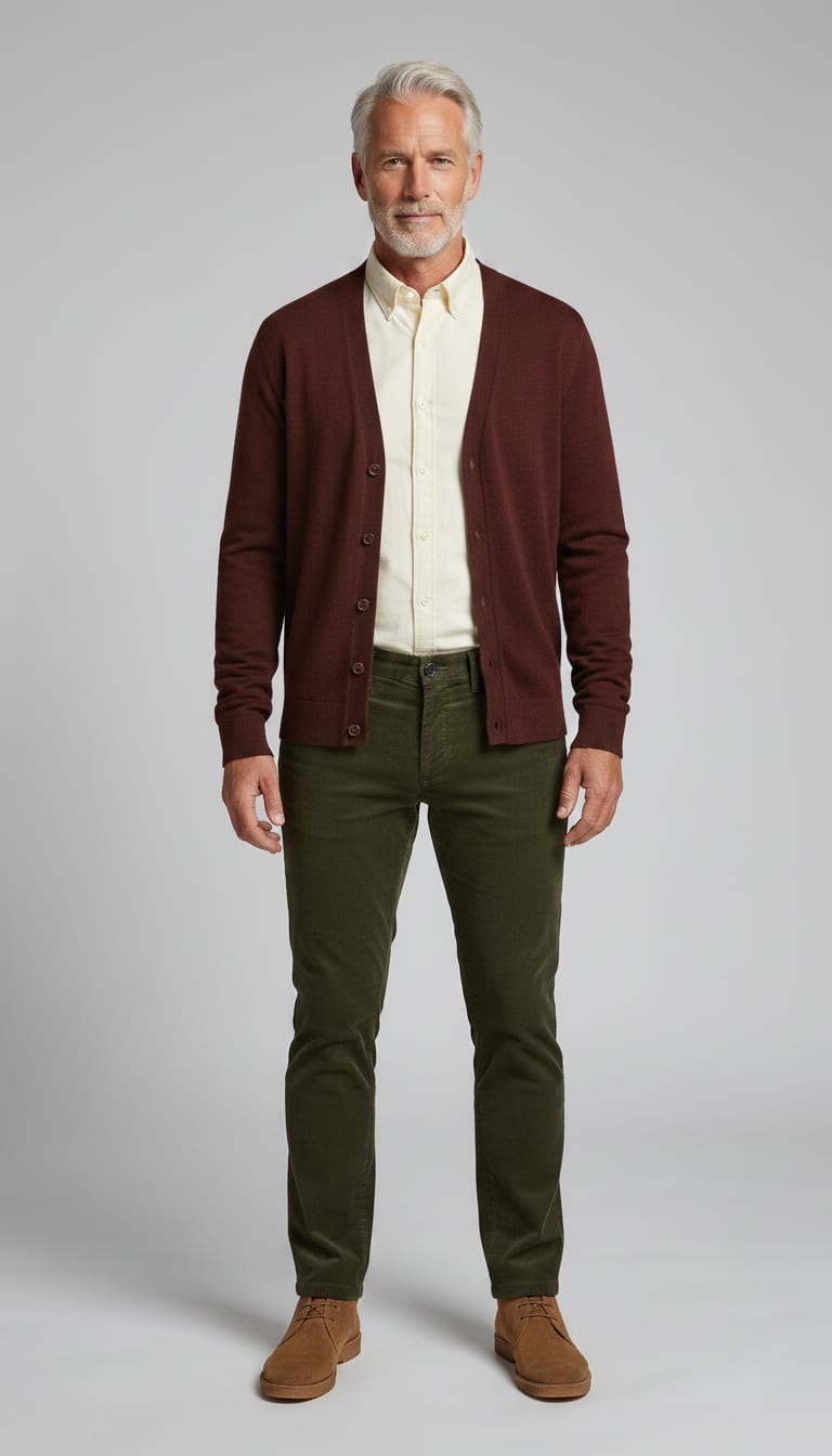 A man wearing a crisp cream cotton Oxford shirt, oxblood lambswool blend fitted cardigan, deep olive green corduroy trousers and light brown suede chukka boots — a men's dark academia outfit.