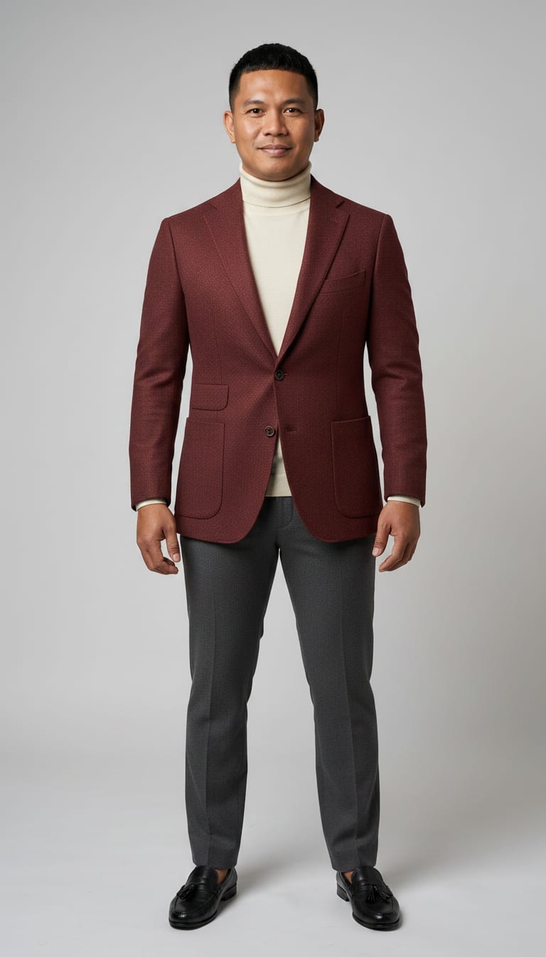 A man wearing a cream fine merino wool turtleneck sweater, oxblood red tweed single-breasted sport coat, charcoal grey tailored wool dress pants and black polished leather loafers — a men's dark academia outfit.