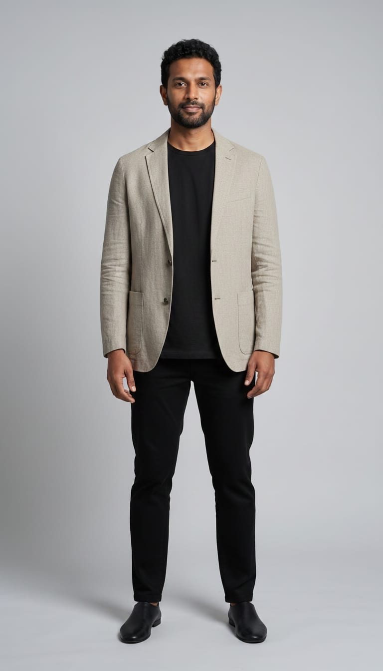 A model wearing a men's minimalist outfit.
