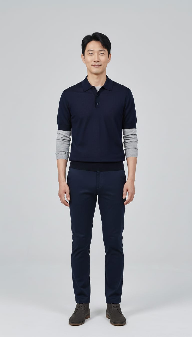 A man wearing a light grey long-sleeve crewneck tee in soft cotton jersey, navy blue fine gauge merino wool knit polo shirt, navy blue slim-fit tailored chinos in stretch cotton twill and dark grey suede chukka boots — a men's minimalist outfit.
