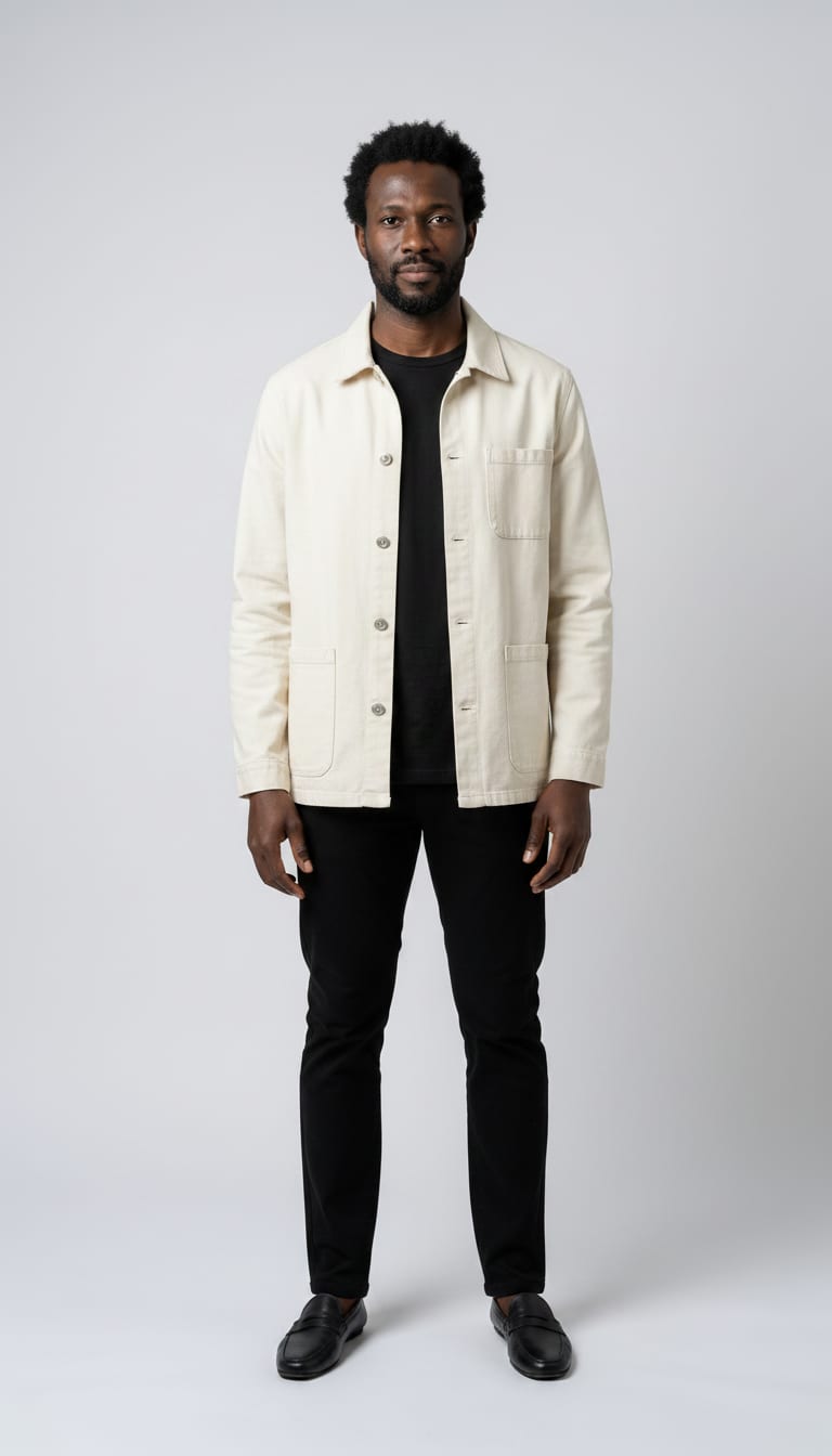 A man wearing a heavyweight black cotton crewneck t-shirt, unlined chore jacket in stone white cotton twill, slim-fit flat-front chinos in crisp black cotton twill and black leather minimalist loafers — a men's minimalist outfit.