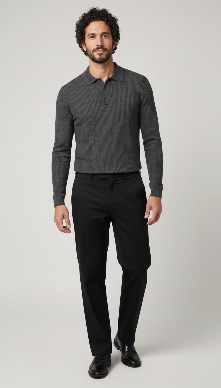 A man wearing a charcoal grey textured knit polo shirt, black premium cotton twill wide-leg trousers and black polished leather plain-toe derby shoes — a men's minimalist outfit.