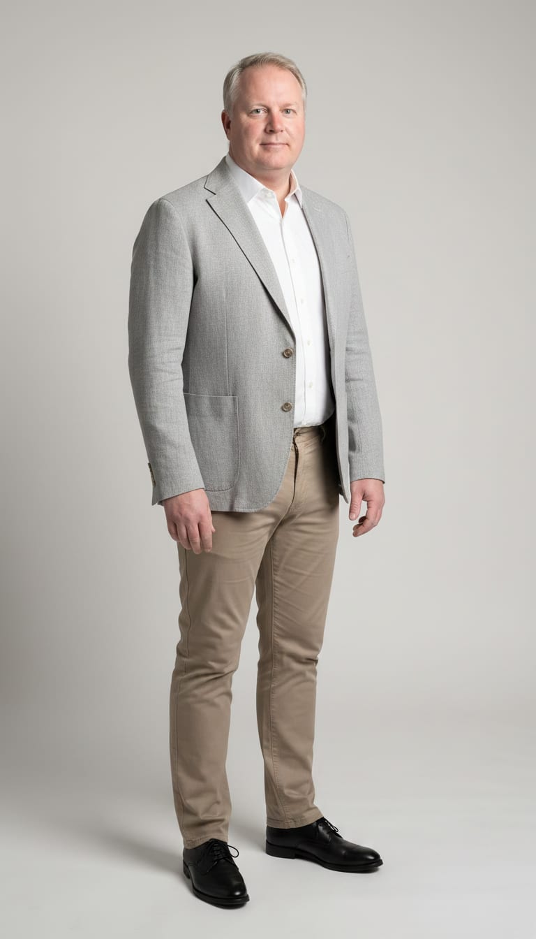A man wearing a crisp white cotton poplin button-down shirt, light grey unstructured blazer in a linen blend, straight-leg and classic plain-toe derby shoes in black polished leather — a men's minimalist outfit.