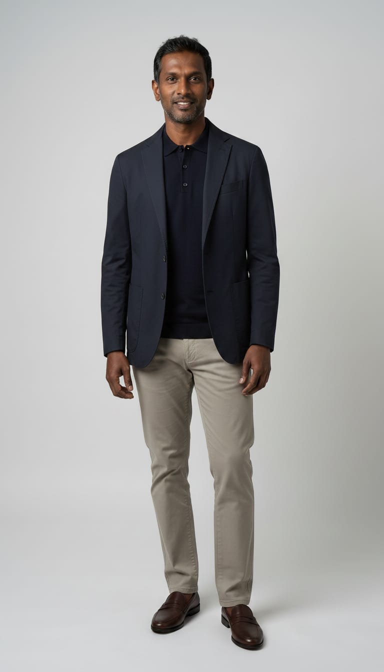 A man wearing a short-sleeve knit polo shirt in dark navy fine gauge cotton, lightweight unlined sports coat in navy cotton twill, relaxed-fit chinos in a light stone cotton blend and sleek loafers in dark brown polished leather — a men's minimalist outfit.