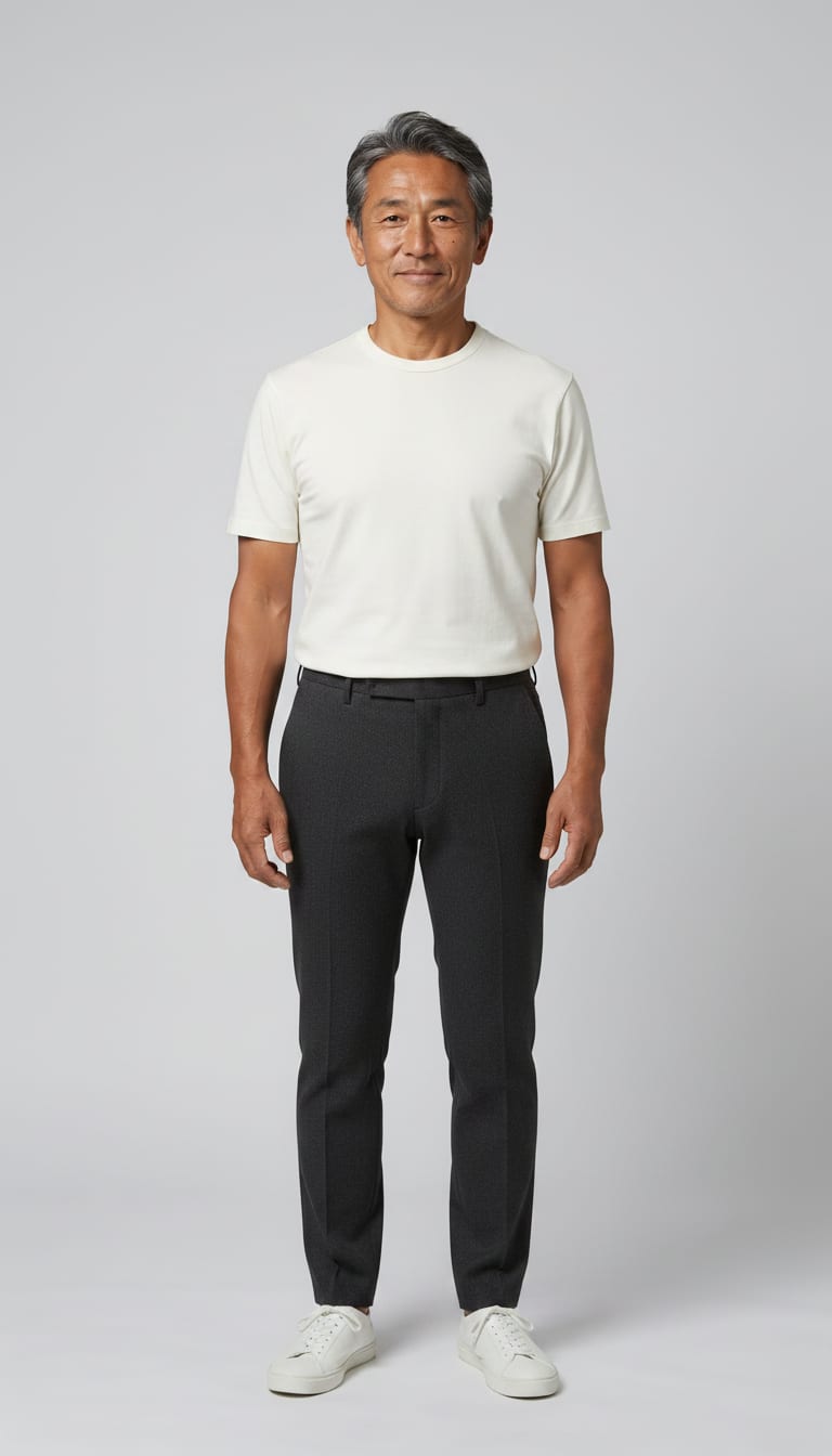 A man wearing a structured crew neck t-shirt in thick off-white cotton jersey, slim-fit tailored trousers in dark charcoal wool blend and minimalist leather sneakers in clean white — a men's minimalist outfit.