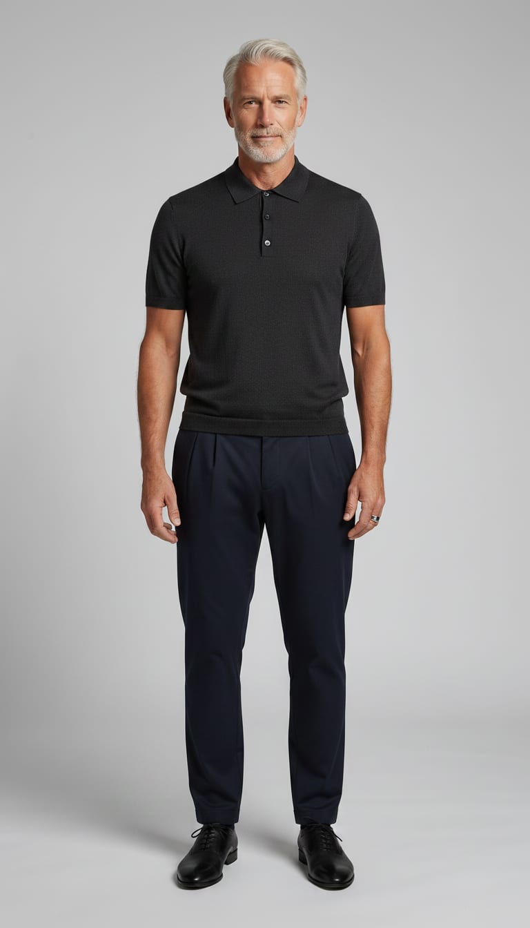 A man wearing a dark charcoal fine-gauge merino wool knit polo shirt, deep navy relaxed tailored pleated trousers, black polished leather minimalist derby shoes and sterling silver signet ring — a men's minimalist outfit.