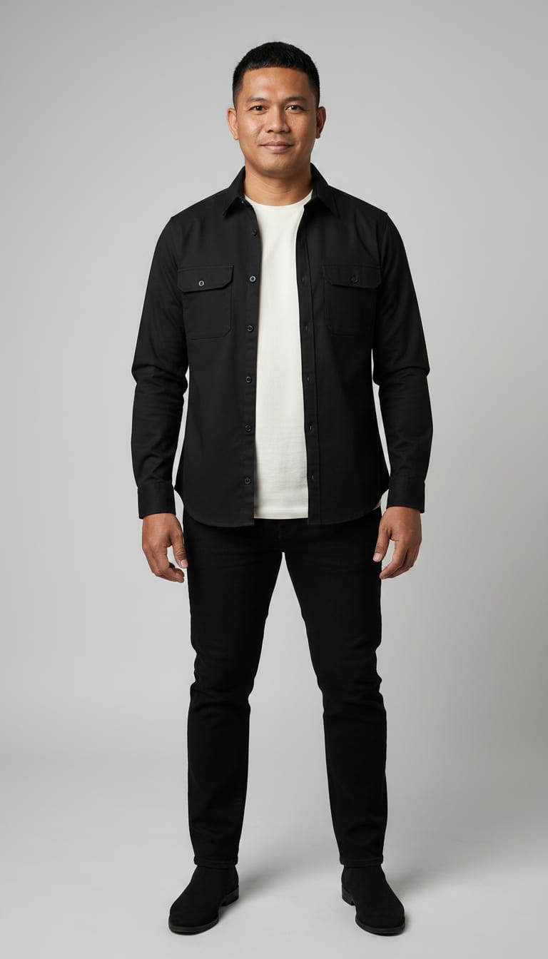 A man wearing an off-white heavyweight cotton crew neck t-shirt, black structured cotton overshirt, black dark-wash straight-leg jeans in quality rigid denim and black suede Chelsea boots — a men's minimalist outfit.