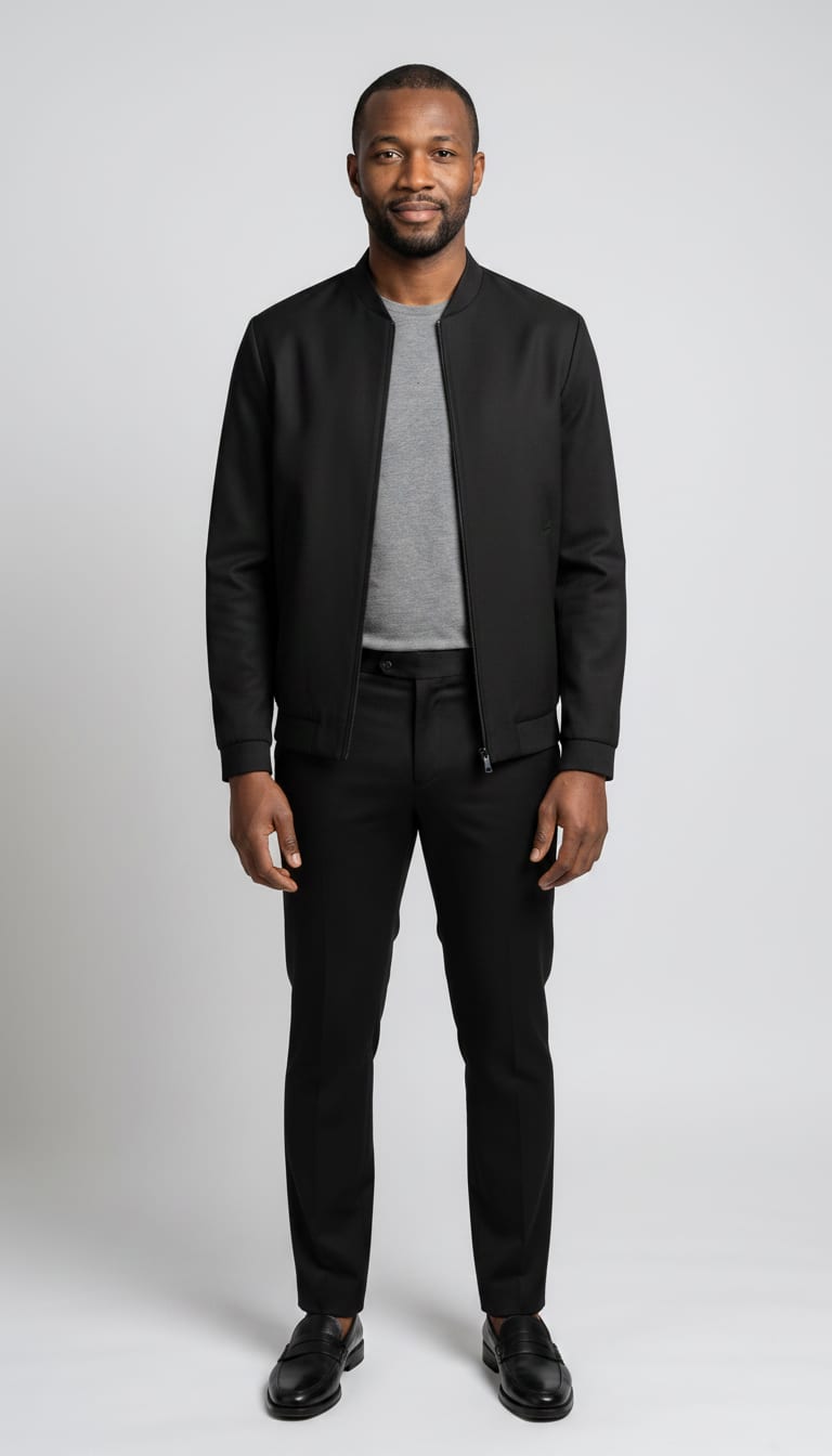 A man wearing a heavyweight charcoal grey crewneck t-shirt in a thick cotton jersey, black tailored slim-fit trousers in a matte wool blend, black unlined minimalist bomber jacket in a structured twill fabric and black polished leather loafers — a men's minimalist outfit.
