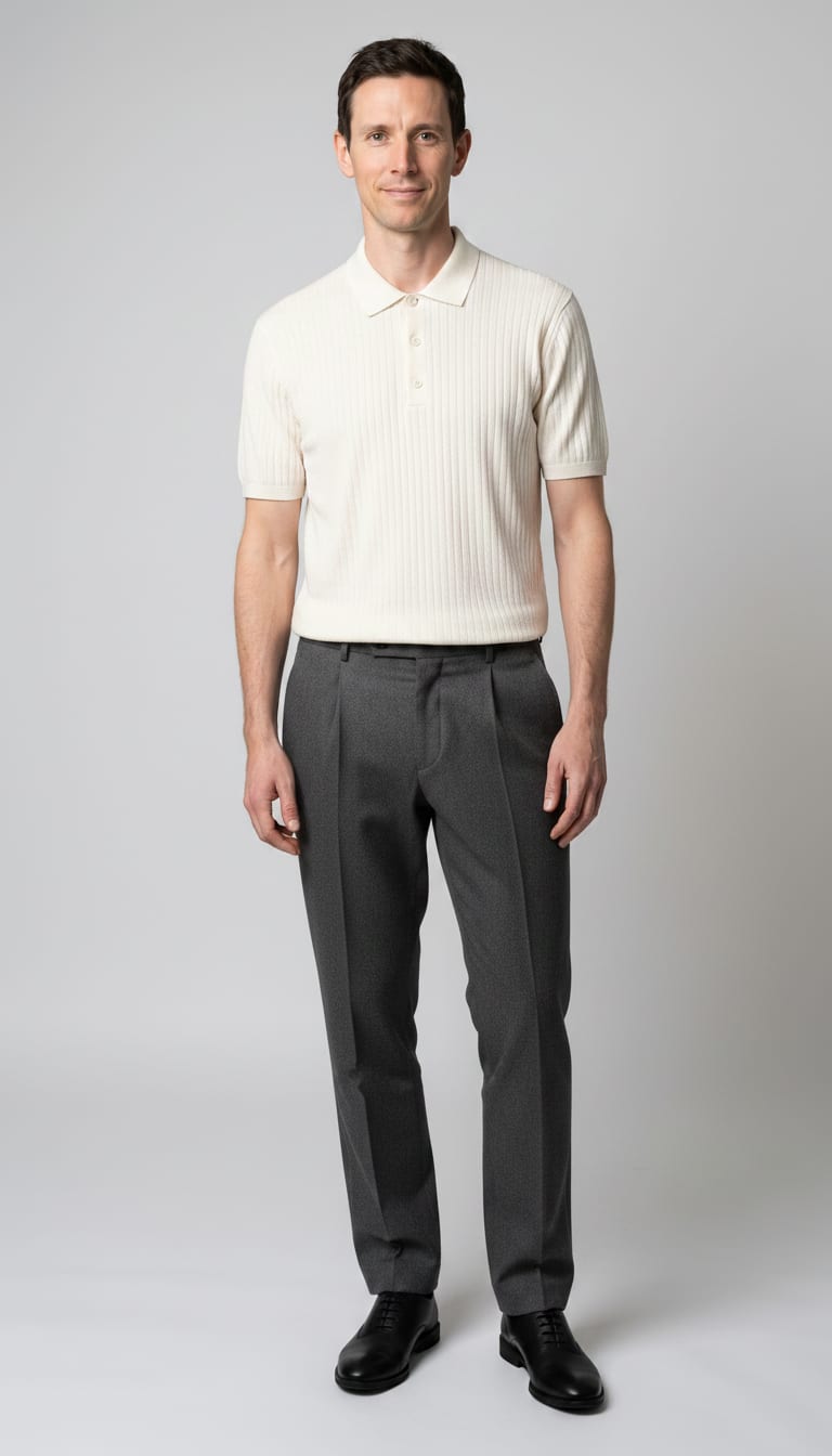 A man wearing a structured knit polo shirt in off-white heavy cotton blend, relaxed-fit tailored trousers in charcoal grey gabardine wool blend and minimalist black leather derby shoes — a men's minimalist outfit.