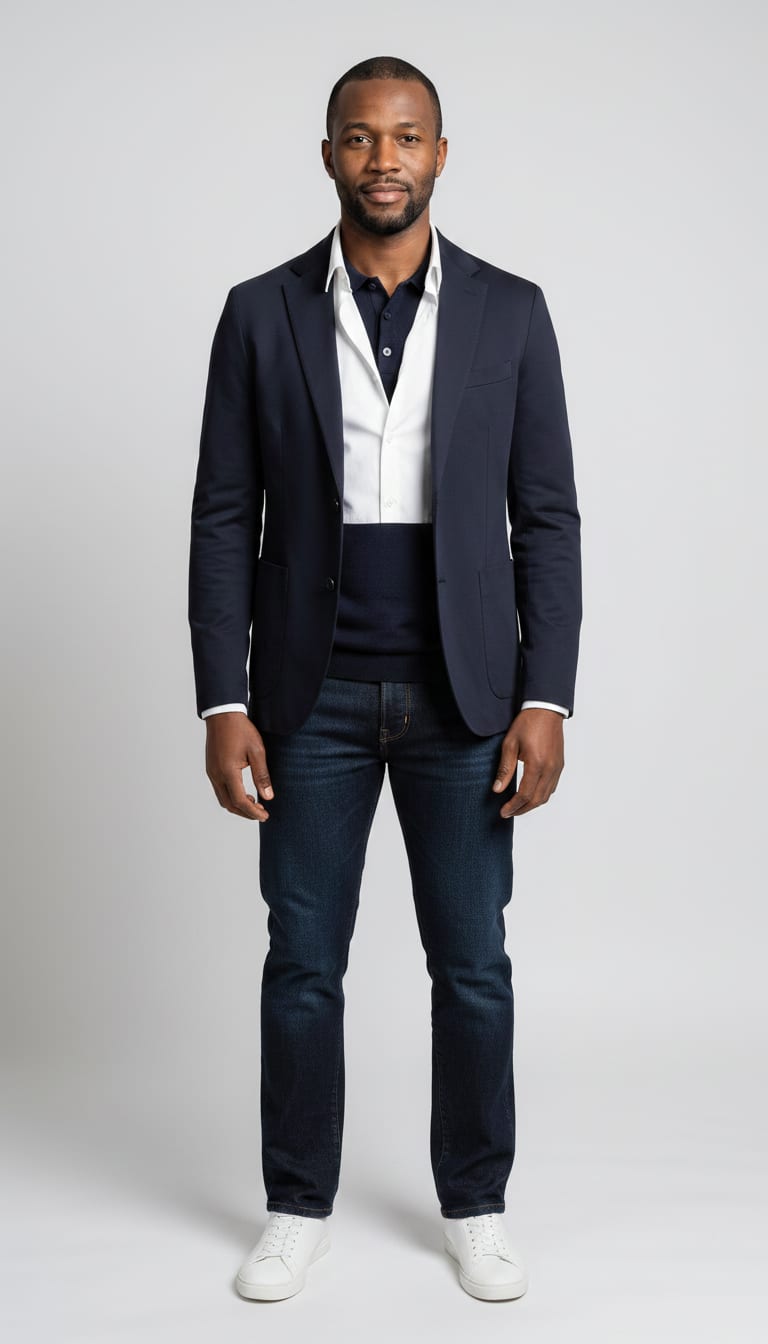 A man wearing a crisp white long-sleeve button-down shirt, navy fine-knit polo shirt, dark wash indigo straight-leg jeans and navy unstructured cotton blazer — a men's old money outfit.