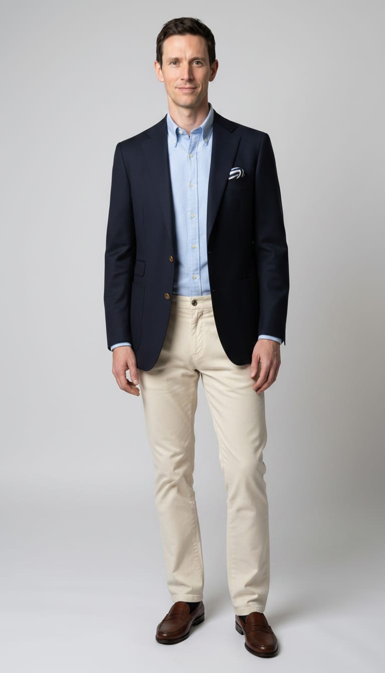 A man wearing a light blue long-sleeve oxford cloth button-down shirt, navy wool blazer, cream cotton blend pleated front trousers and polished dark brown leather penny loafers — a men's old money outfit.