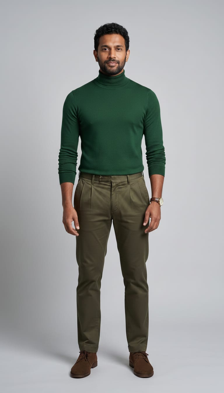 A man wearing a forest green fine-gauge merino wool turtleneck sweater, dark khaki cotton pleated chinos, brown suede chukka boots and gold-tone classic watch — a men's old money outfit.