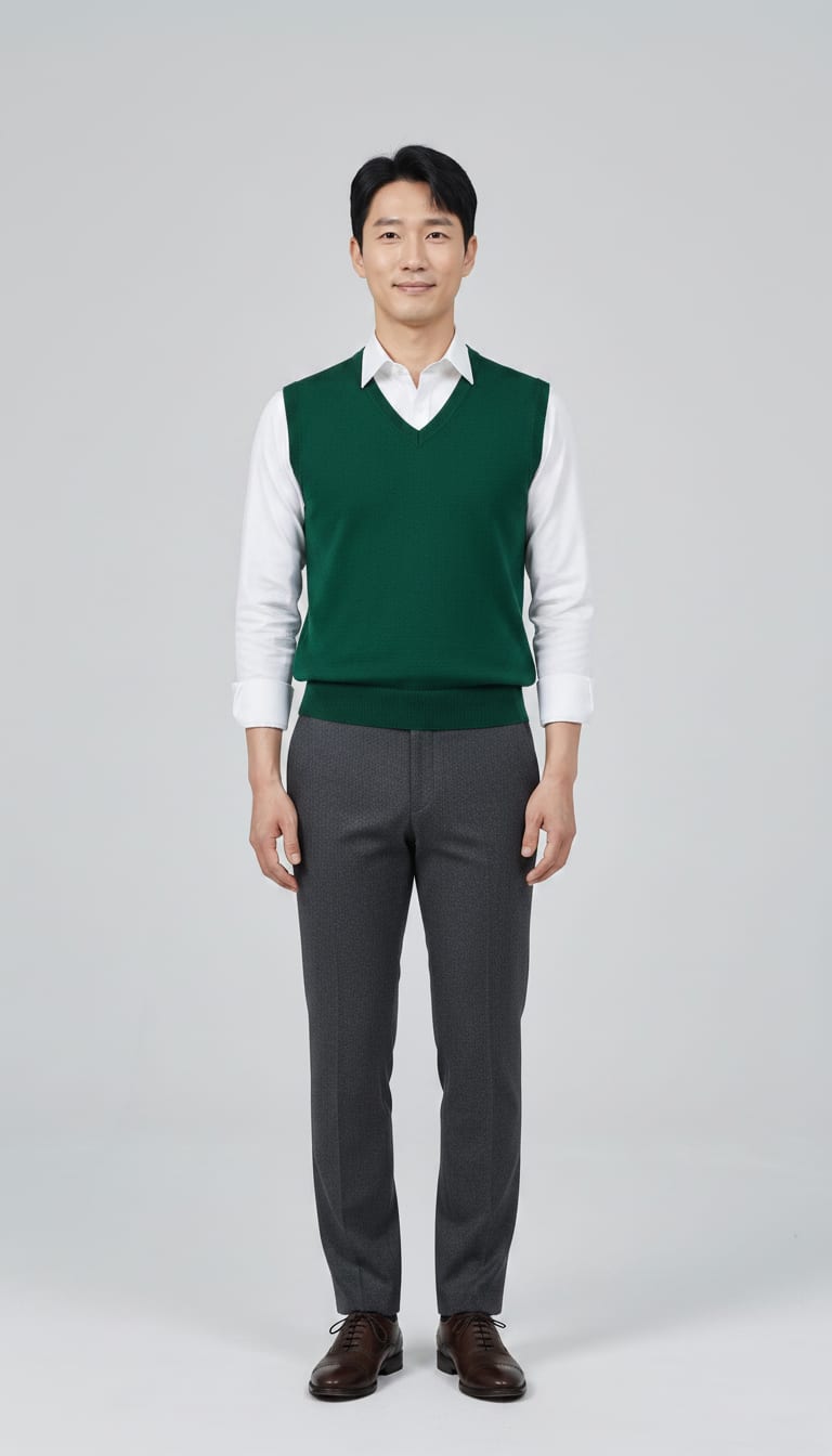 A man wearing a white crisp poplin dress shirt, hunter green fine merino wool V-neck sweater vest, charcoal grey tailored wool trousers and dark brown polished leather cap-toe Oxford shoes — a men's old money outfit.